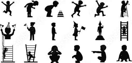 Collection of Black Silhouettes of Children in Various Poses and Activities Keywords: child, silhouette, children, kid, boy