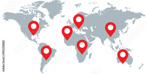 World map with pin location markers indicating travel destinations or business branches vector