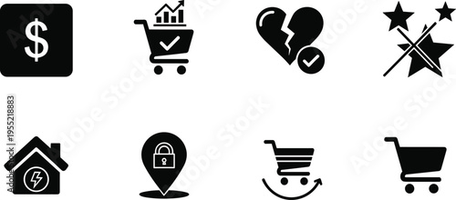 Variety of business and e-commerce icons with dollar sign, shopping carts and house vector set