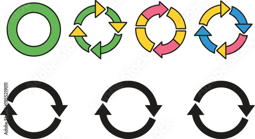 Circular arrows reload and refresh icon in solid and colorful outline style vector set for your design
