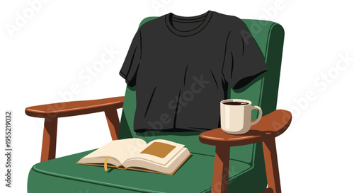 Cozy green armchair with a black t-shirt, open book, and coffee cup, perfect for relaxation and leisure time.