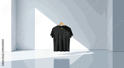 Blank black t-shirt hanging on a wooden hanger in a modern minimalist studio with natural light casting shadows