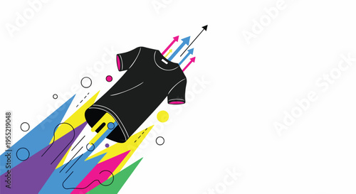 Black T-shirt launching like a rocket with colorful abstract shapes and arrows, symbolizing speed and success