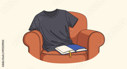 Cozy armchair with a dark t-shirt and an open book with a pencil, perfect for relaxation and leisure time.