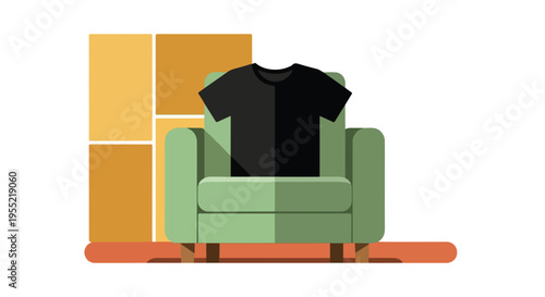 Flat design illustration of a black t-shirt on a green armchair in a room with a wooden wall and a rug
