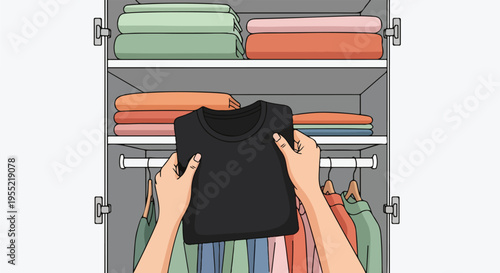 Hands folding a black t-shirt and placing it into a neatly organized wardrobe with folded clothes and hanging garments.