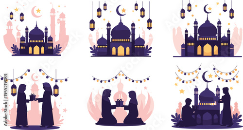 Ramadan Kareem Islamic Illustration Set with Mosque Lantern Crescent Moon and People Praying Iftar Scenes for Eid Mubarak Greeting Cards and Religious Design