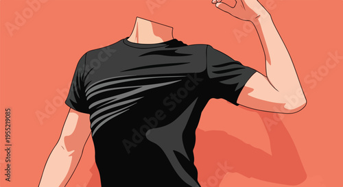 Anonymous man in black t-shirt showing bicep muscle, headless figure with vibrant orange background, graphic illustration