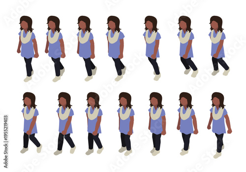 Indian Girl Walking Isometric Animation Frame Sequence