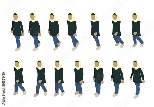 Arab Girl Walking Isometric Animation Frame Sequence