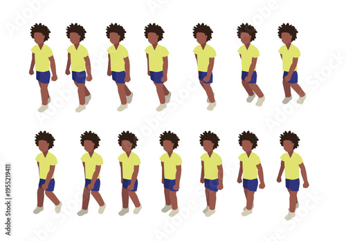Afro Boy Walking Isometric Animation Frame Sequence