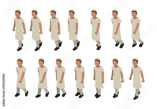 Arab Boy Walking Isometric Animation Frame Sequence
