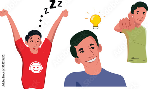 Flat vector illustration set of a male character showing different emotions and gestures. Suitable for communication, UI design, marketing and explainer videos.