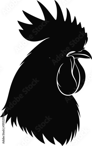 Silhouette profile of a rooster's head with prominent comb and wattle, isolated on transparent grid background