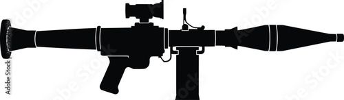 Rocket propelled grenade launcher silhouette, military weapon system with scope, anti tank launcher, army combat gear
