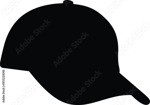 Black baseball cap silhouette, simple headwear accessory with brim and crown, casual fashion item for sun protection