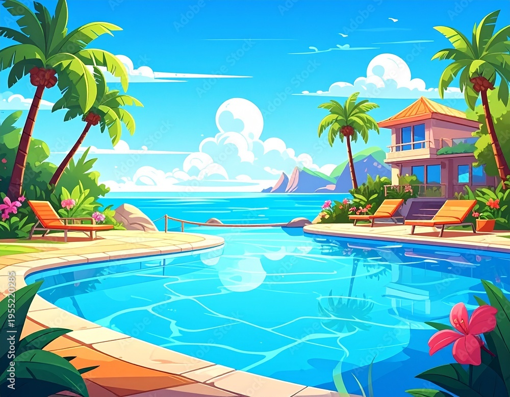Fototapeta premium Hand drawn cartoon summer swimming pool scene illustration
