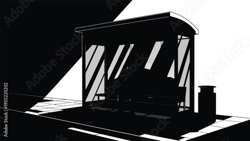 Bus stop shelter with glass panels and benches casting long shadows on pavement representing urban street scene at sunset with atmospheric lighting effects