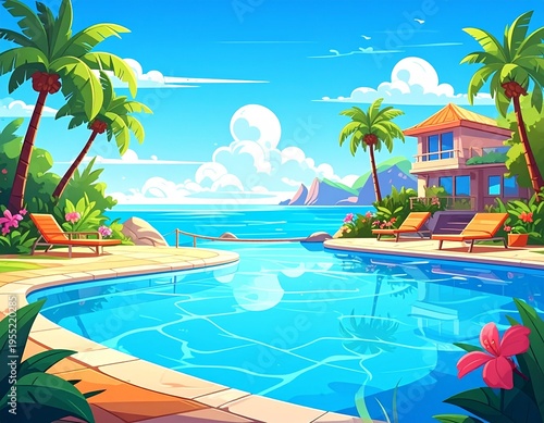 Hand drawn cartoon summer swimming pool scene illustration