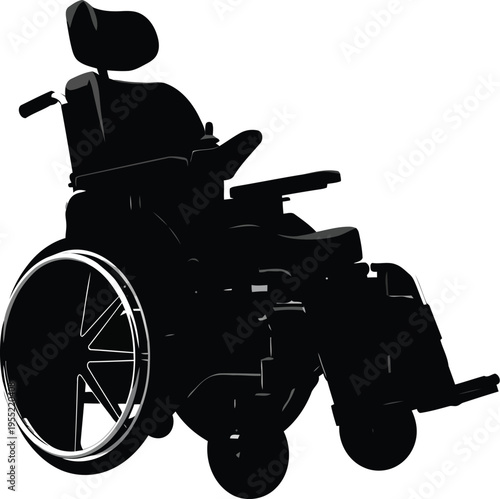 Black silhouette of a power wheelchair with large wheels and controls on a transparent background