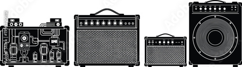 Black and white guitar amplifier collection with tube circuitry, combo amps and speaker cabinets, showcasing vintage audio equipment, music production and sound engineering illustration