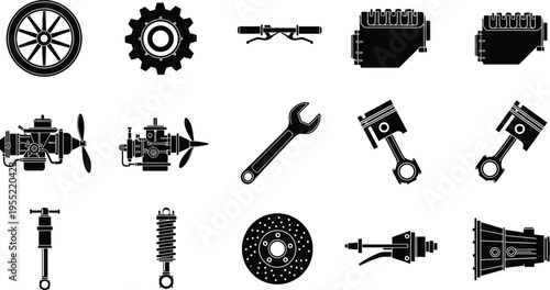Black silhouette automotive parts collection including wheel, gear, engine, piston, suspension, brake disc and wrench icons isolated on white background for repair concept