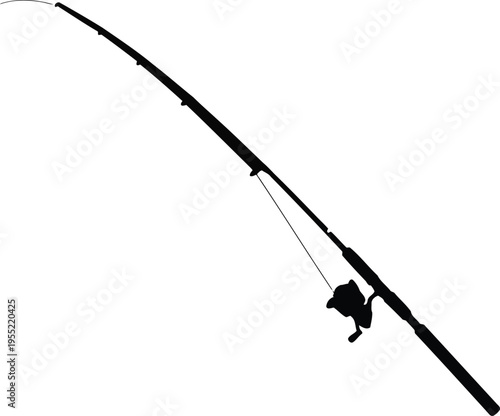 Silhouette of fishing rod with reel for catching fish in water, sport equipment isolated on transparent background