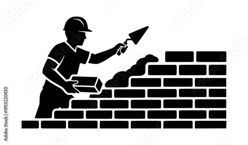 Mason Bricklayer Silhouette Building Wall Vector Icon