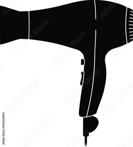 Black silhouette of electric hair dryer, beauty tool for drying hair, isolated on checkered background