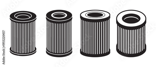Automotive Oil Filters Vector Set. Monochrome Illustration of Car Maintenance Parts on White Background.