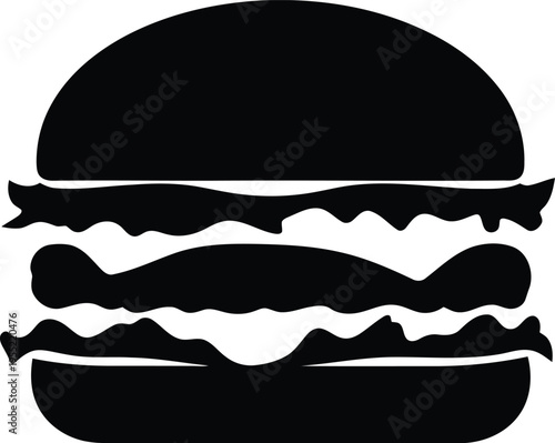 Black silhouette of double cheeseburger with lettuce and two patties on a transparent background