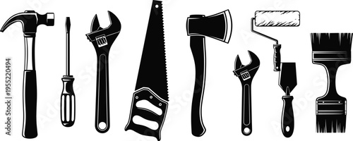 Black silhouette collection of hand tools including hammer, screwdriver, adjustable wrench, hand saw, axe, paint roller, brush and scraper isolated on white background