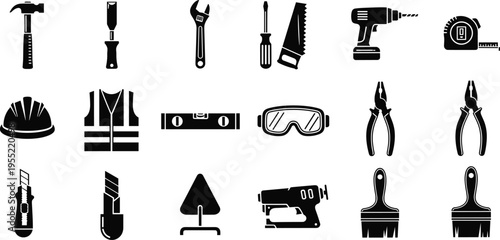 Black silhouette construction tools and safety equipment set including hammer, drill, pliers, helmet, vest, screwdriver, saw, level and measuring tape isolated on white
