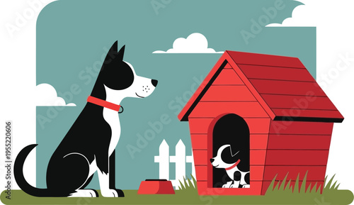 Happy dogs in backyard with red dog house and food bowl, illustration for pet care and domestic animal themes.