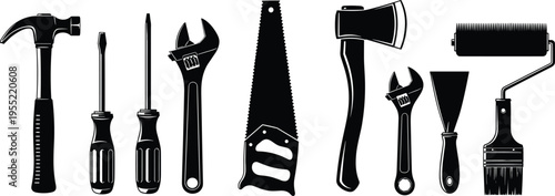 Black silhouette set of essential hand tools including hammer, screwdrivers, wrench, saw, axe, roller and scraper isolated on white background for construction and DIY projects