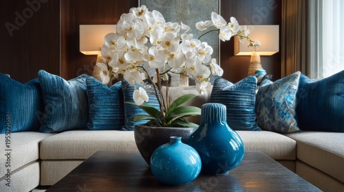 Elegant Living Room with Cozy Sofa, Decorative Cushions, Stylish Vases, and Beautiful White Orchids in a Modern Interior Design Setting