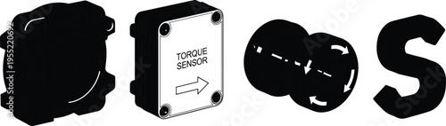 Black silhouette torque sensor and rotational force measurement system illustration, industrial mechanical components with arrows showing motion direction, engineering technology concept isolated 