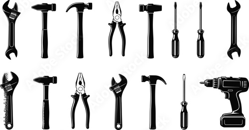 Collection of hand tools including wrenches, hammers, pliers, screwdrivers and cordless drill in black silhouette, construction and repair equipment isolated illustration set