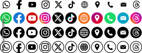 Social media and contacts icon set, colorful and monochrome, multiple styles simple outline, vibrant color circle, solid black circle and outline circle,