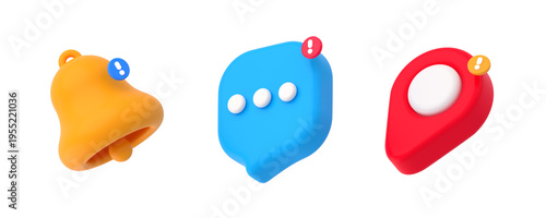 3d render notification bell, message and map pin