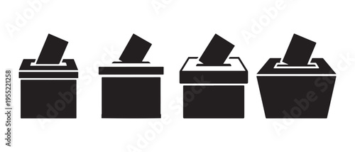 Collection of black ballot boxes with paper ballots inserted, isolated on white background.