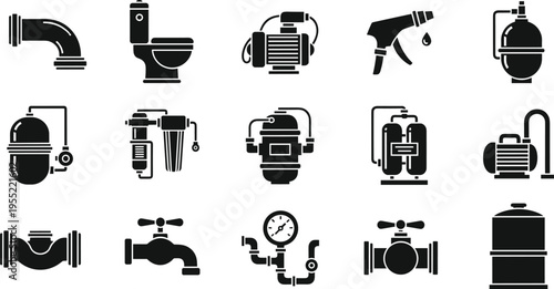 Industrial plumbing and water treatment icon set with pipes, valves, filters, compressors and tanks in black silhouette, mechanical system vector illustration isolated