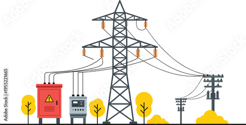 Industrial Power Grid System Illustration with High Voltage Transmission Tower Electrical Transformer Box Utility Poles and Energy Distribution Infrastructure for Professional Technical Engineering 