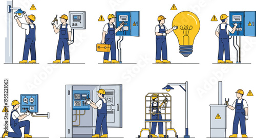 Professional Electrician Character Collection Working on Electrical Panel Installation Street Lighting Maintenance Industrial Power Systems and 