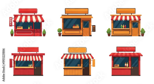 Street Food Shop Kiosk Set Flat Vector Illustration, Fast Food Stall Storefront Collection with Red Awning Isolated on White Background