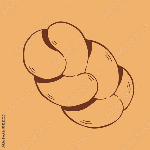 Hand drawn vector illustration of a braided challah loaf or gourmet brioche bread. Minimalist brown line art icon of traditional Jewish bread for bakery menu and festive food design