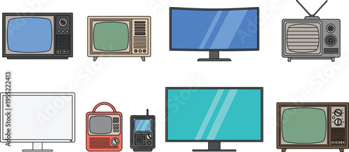 Television evolution set featuring vintage CRT TVs, retro portable sets and modern flat screen displays, illustrating broadcast technology development, media devices and home entertainment systems