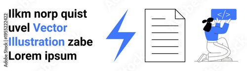 Technology, programming, content creation, software development, digital collaboration, coding education. Bolt icon with document and person coding. Technology and programming concept