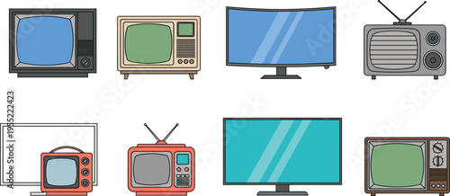 Television evolution icons featuring vintage CRT sets, retro portable TVs and modern flat screen displays, representing broadcast technology, media devices and home entertainment systems