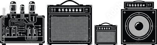 Vintage guitar amplifier set with tube amp circuitry, speaker cabinets and combo amps, showcasing classic audio equipment, music technology and retro sound engineering illustration